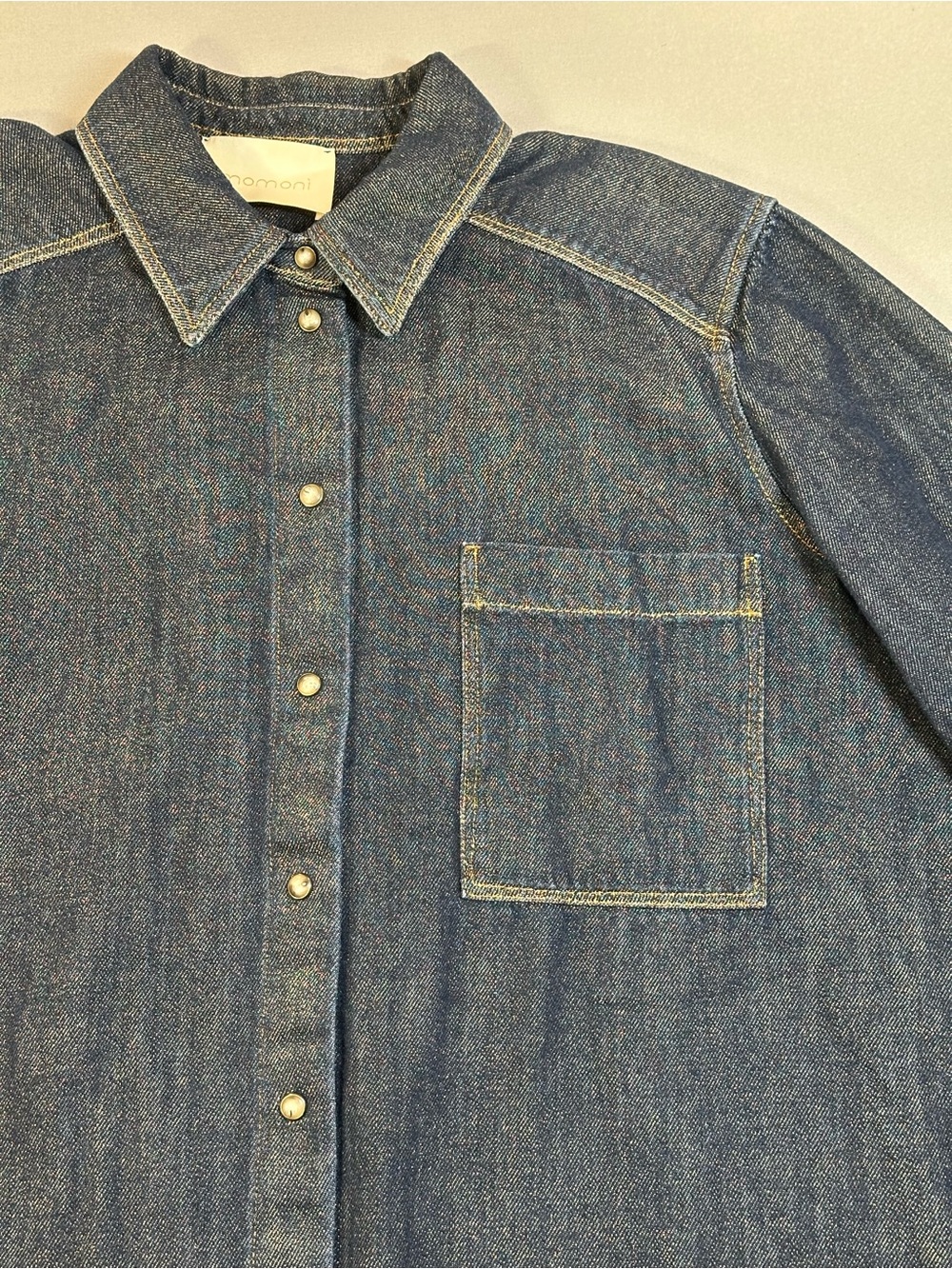 Momoni Aura Denim Laminé Shirt, Snap Front, Raw Hem - Women 42 US 12/14 - Picture 3 of 15